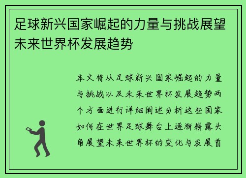 足球新兴国家崛起的力量与挑战展望未来世界杯发展趋势