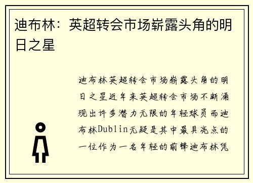 迪布林：英超转会市场崭露头角的明日之星
