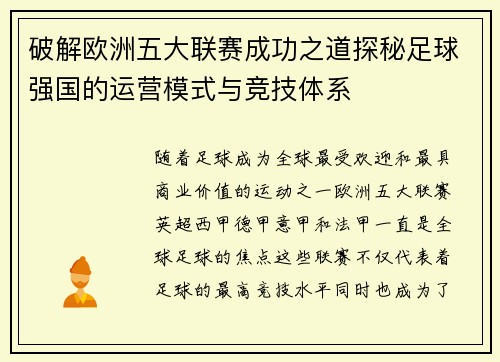 破解欧洲五大联赛成功之道探秘足球强国的运营模式与竞技体系